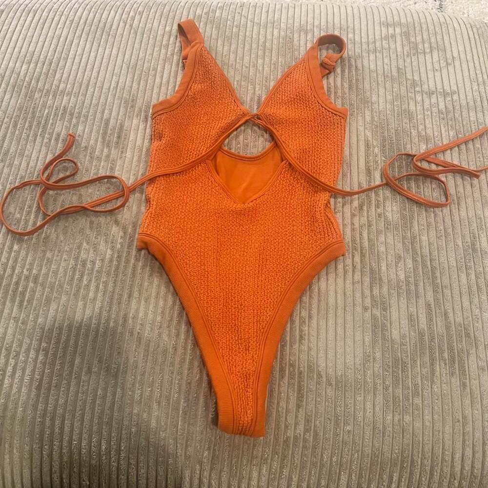 Free People Orange Crinkle Cutout One-Piece Swimsuit